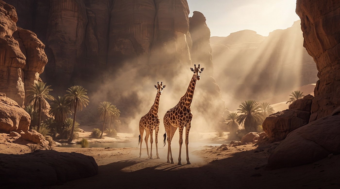 Two giraffes in a sunlit desert canyon